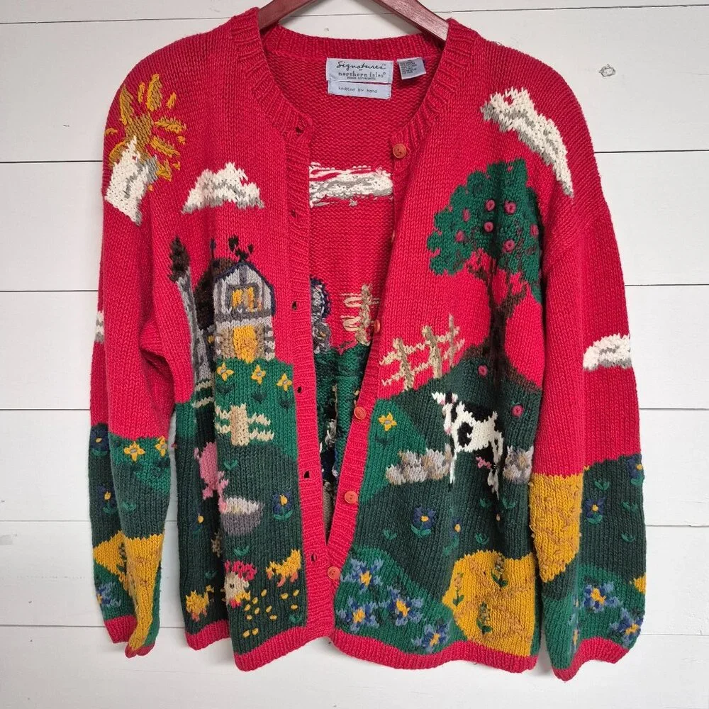 Vintage 1990s Hand Knitted Farm Theme Signature By Northern Isles Button Up 3D C - Picture 4 of 7